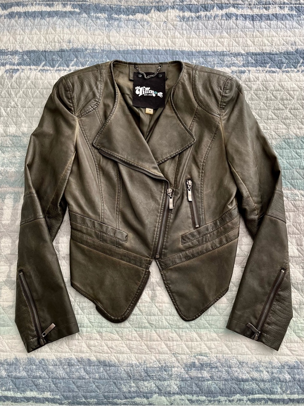 THE FILLMORE Olive Green Faux Leather Moto Jacket 10083